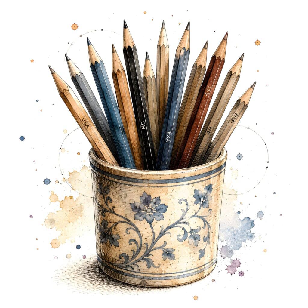 Illustration of a pen pot containing sketching pencils